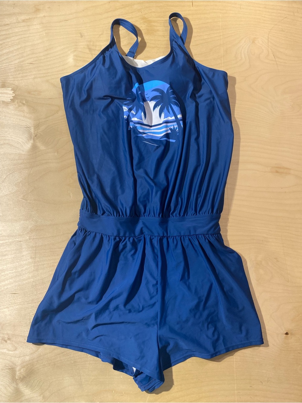 BloomChic Blue One-Piece Swim Romper with Palm Print 14-16 (Z) - Picture 5 of 9